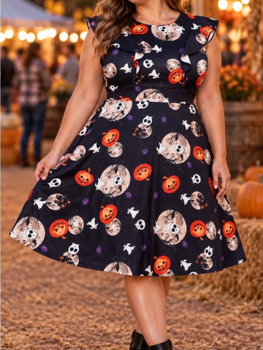 iHot Women’s Halloween Pumpkins & Ghosts Fit-and-Flare Midi Dress, Size XL